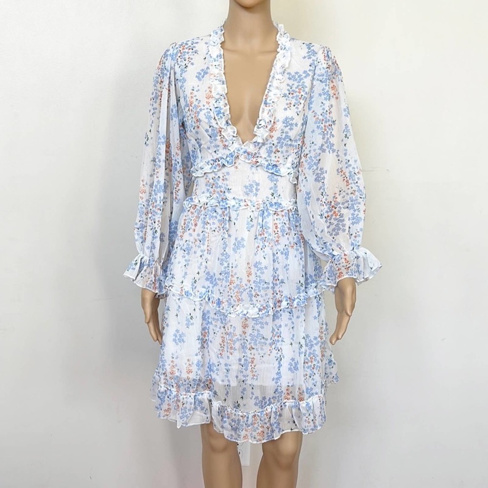 NEW Women’s SIZE L Floral Sheer Lined Plunge Neck Ruffle Detail Mini Dress
